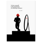 Minimalist poster featuring a black silhouette of a man in a red hat looking at his reflection in a mirror, with an Oscar Wilde quote about self-love and a small red heart.