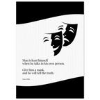 Minimalist poster with a quote from Oscar Wilde about masks and truth, featuring black theatre masks (comedy and tragedy) on a light patterned background.