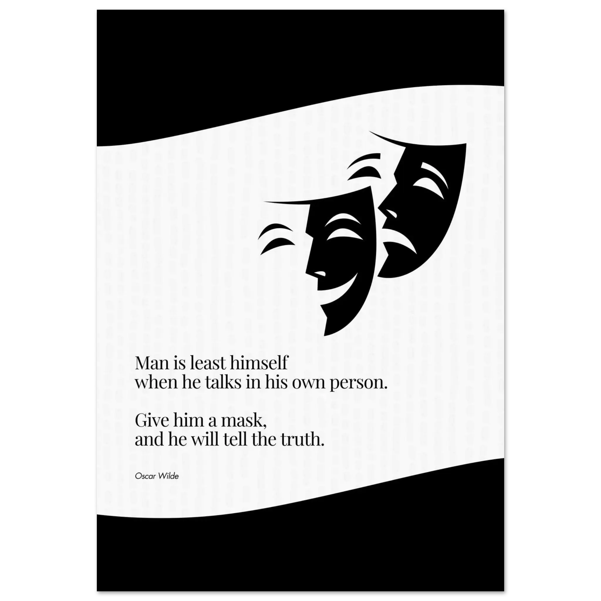 Minimalist poster with a quote from Oscar Wilde about masks and truth, featuring black theatre masks (comedy and tragedy) on a light patterned background.