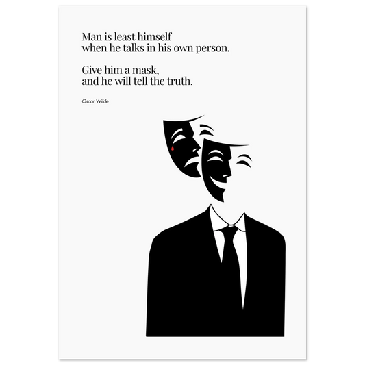 Minimalist poster featuring two theatrical masks—one smiling, one crying—floating above a faceless figure in a suit, with an Oscar Wilde quote about truth and identity.