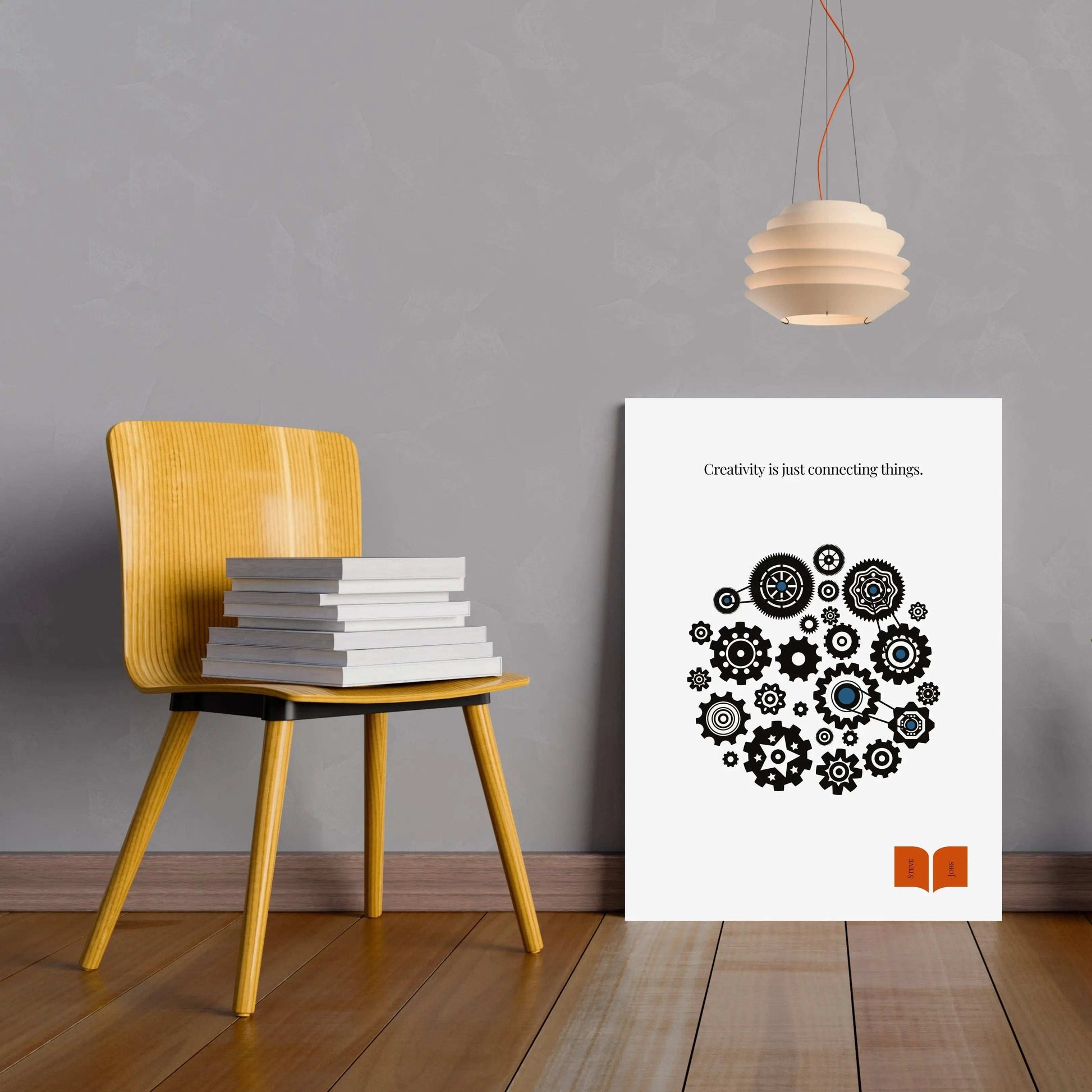 Minimalist poster featuring interconnected black gears with blue accents in a circular pattern, paired with a quote by Steve Jobs about creativity being the act of connecting things.