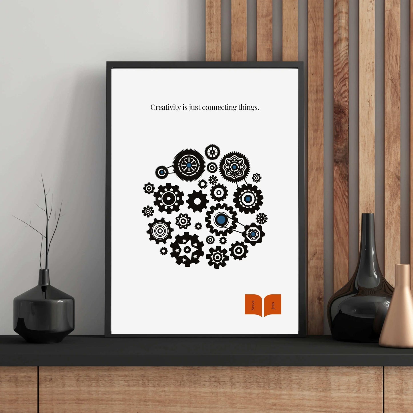 Minimalist poster featuring interconnected black gears with blue accents in a circular pattern, paired with a quote by Steve Jobs about creativity being the act of connecting things.