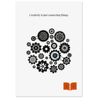 Minimalist poster featuring interconnected black gears with blue accents in a circular pattern, paired with a quote by Steve Jobs about creativity being the act of connecting things.