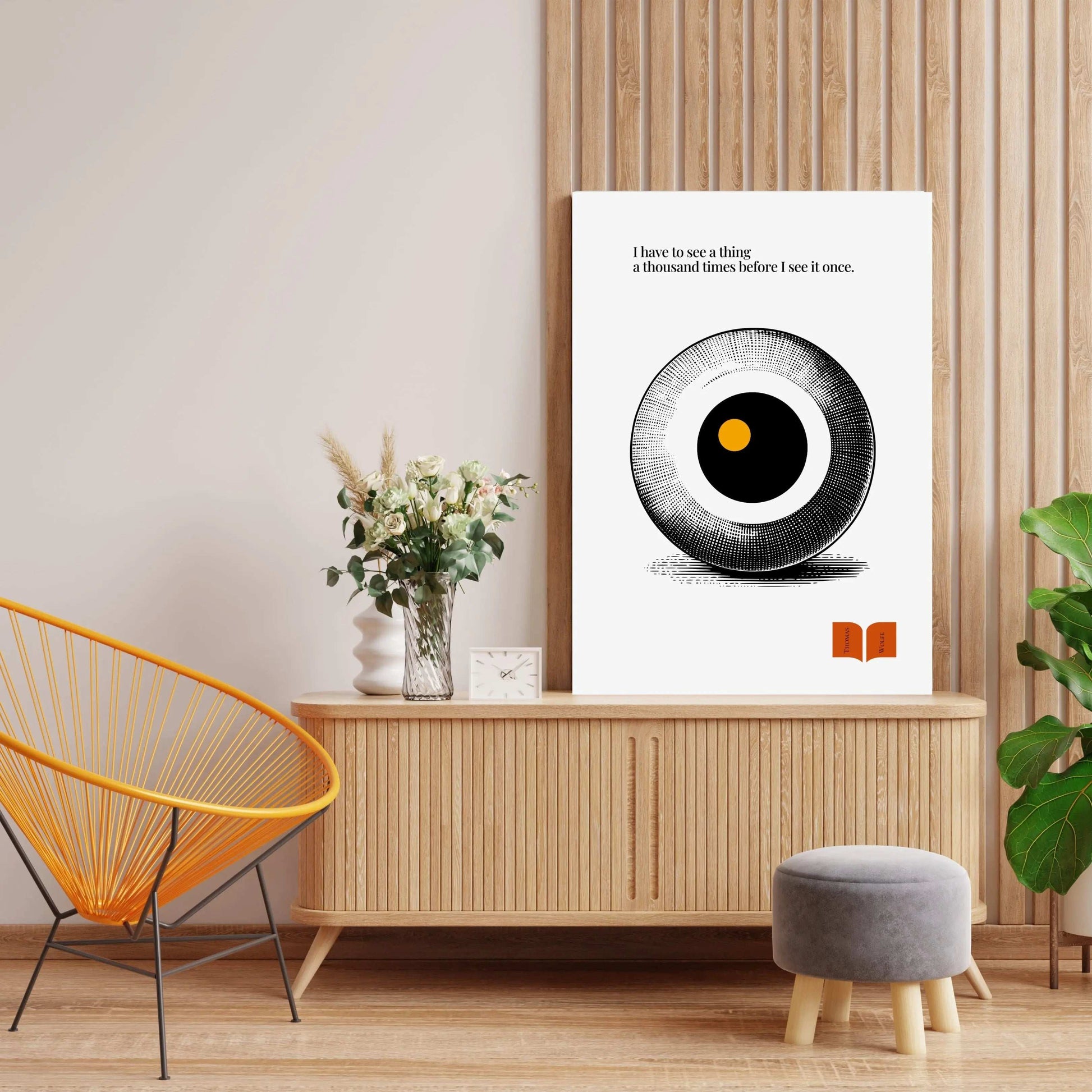 Minimalist poster featuring a stylized halftone eye in black and white with a central golden dot, paired with a Thomas Wolfe quote about perception and seeing deeply.