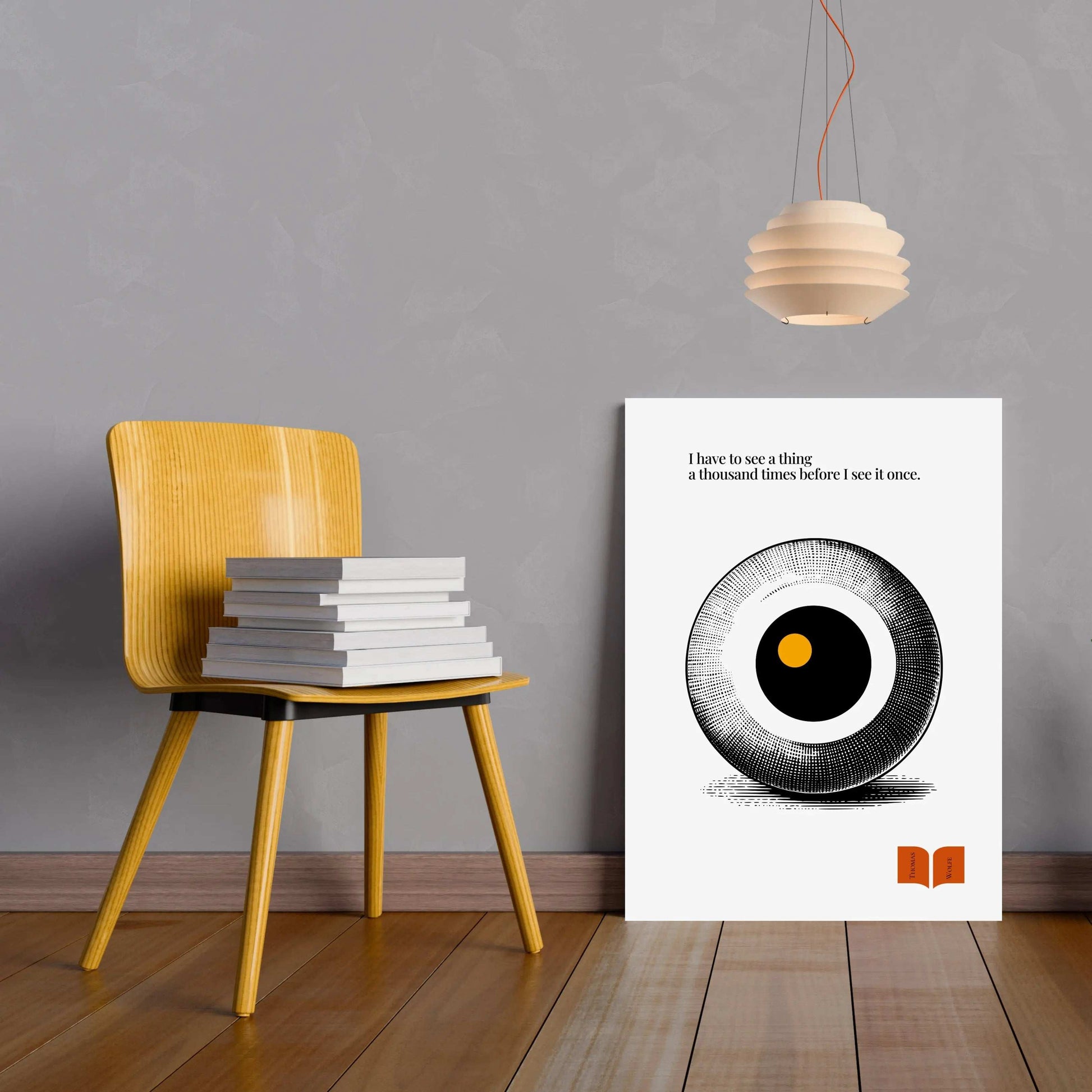 Minimalist poster featuring a stylized halftone eye in black and white with a central golden dot, paired with a Thomas Wolfe quote about perception and seeing deeply.