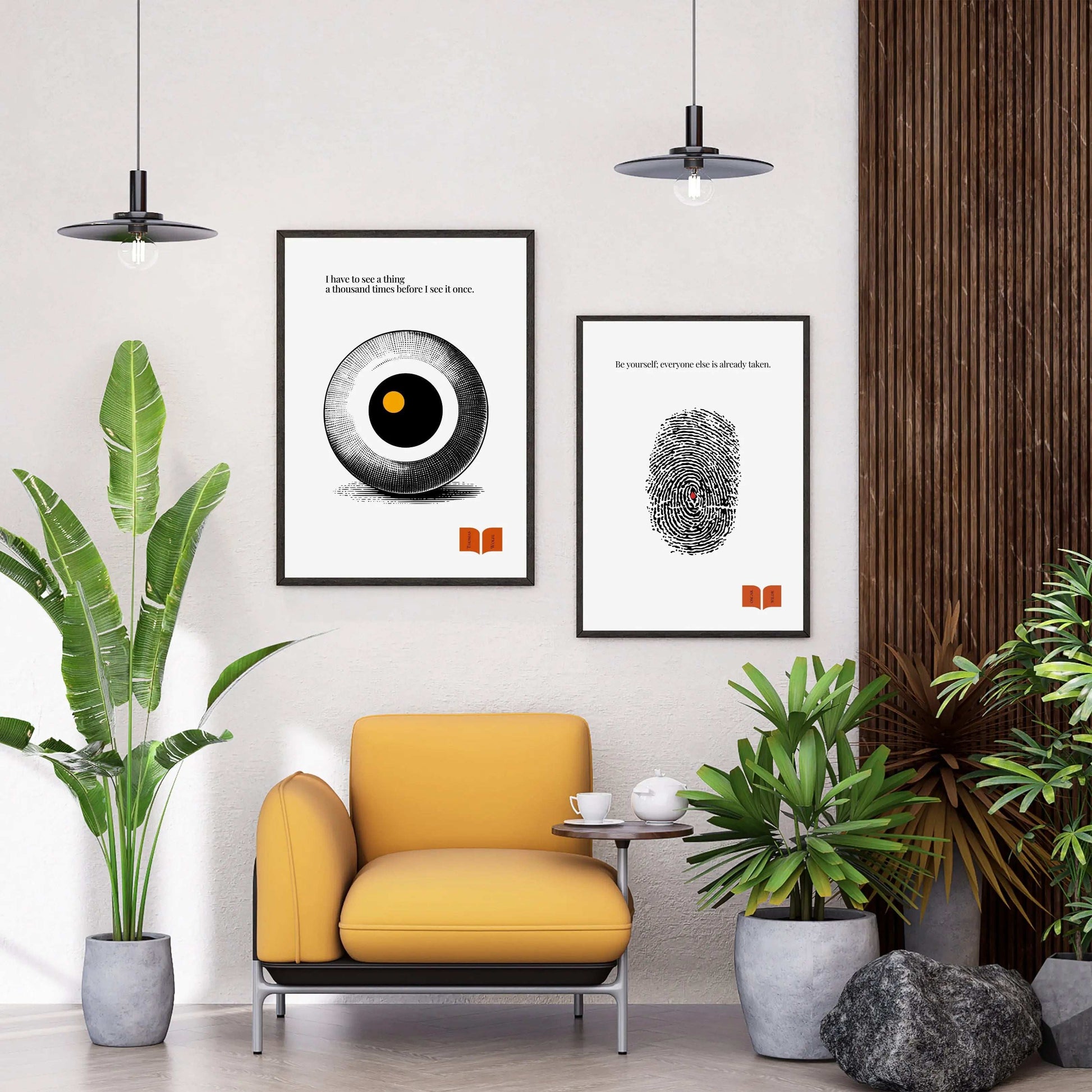 Minimalist poster featuring a stylized halftone eye in black and white with a central golden dot, paired with a Thomas Wolfe quote about perception and seeing deeply.