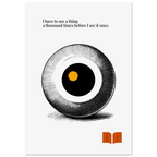Minimalist poster featuring a stylized halftone eye in black and white with a central golden dot, paired with a Thomas Wolfe quote about perception and seeing deeply.