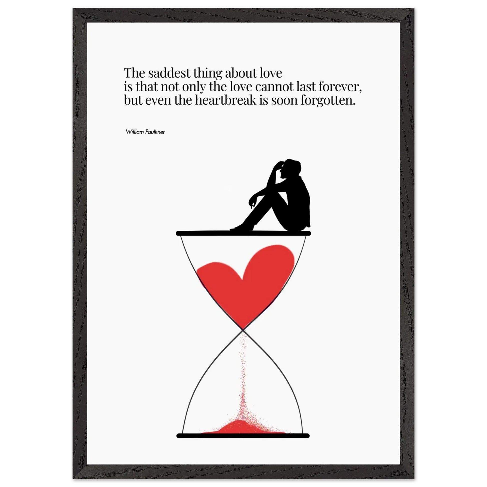 A minimalist poster featuring a silhouette of a person sitting next to a red heart-shaped hourglass, through which a red line is being drawn, representing the passage of time. The background is white, and there is a quote by William Faulkner that reads: 'The saddest thing about love is that not only the love cannot last forever, but even the heartbreak is soon forgotten.