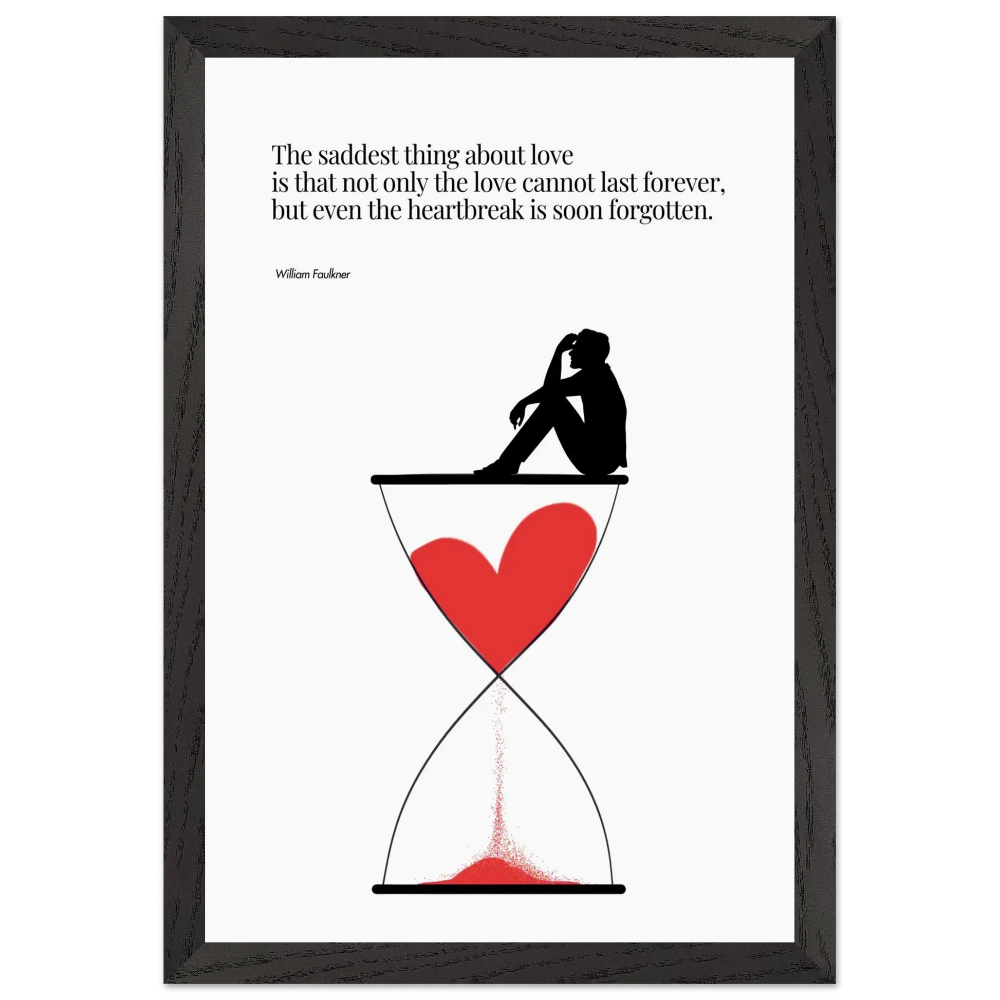 A minimalist poster featuring a silhouette of a person sitting next to a red heart-shaped hourglass, through which a red line is being drawn, representing the passage of time. The background is white, and there is a quote by William Faulkner that reads: 'The saddest thing about love is that not only the love cannot last forever, but even the heartbreak is soon forgotten.