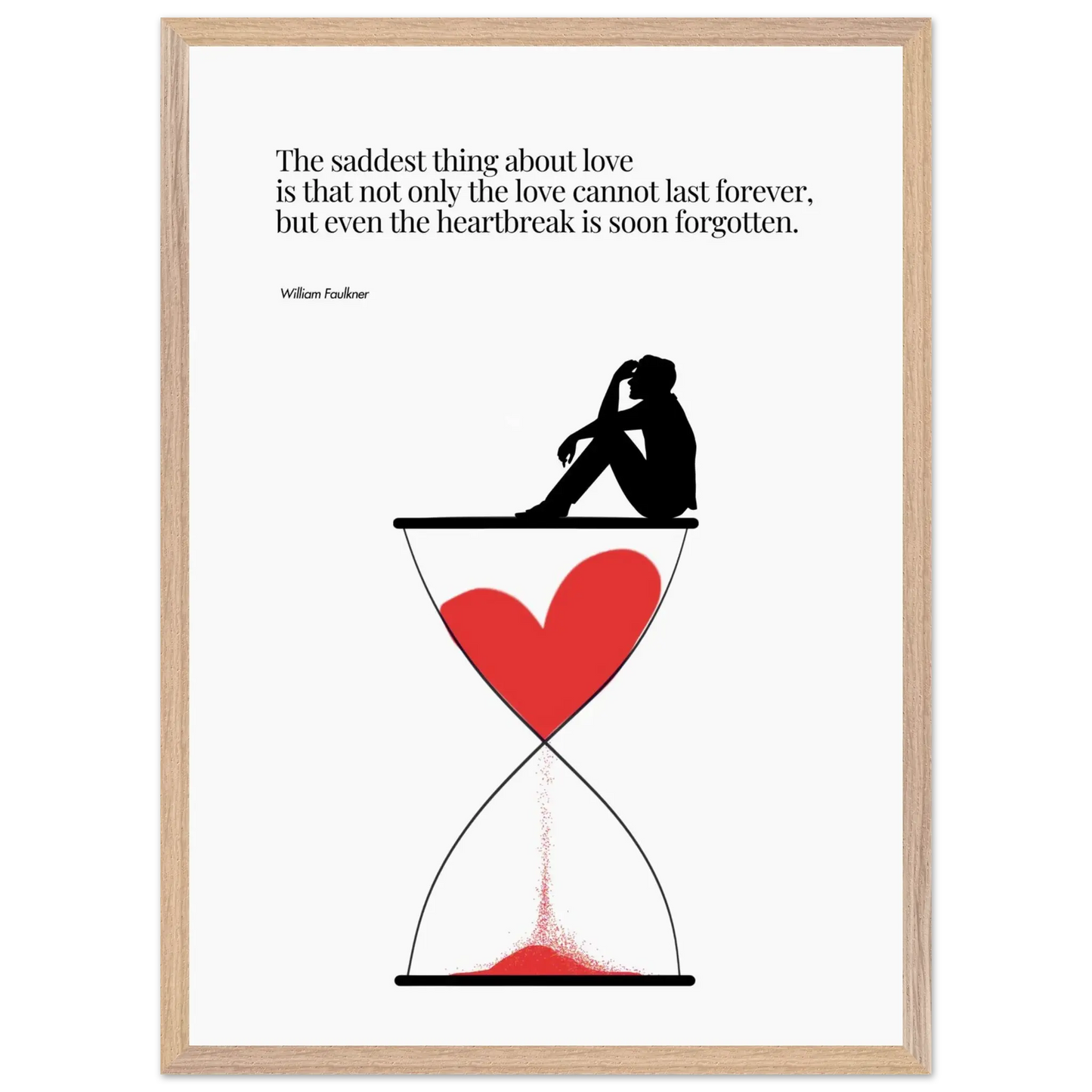 A minimalist poster featuring a silhouette of a person sitting next to a red heart-shaped hourglass, through which a red line is being drawn, representing the passage of time. The background is white, and there is a quote by William Faulkner that reads: 'The saddest thing about love is that not only the love cannot last forever, but even the heartbreak is soon forgotten.